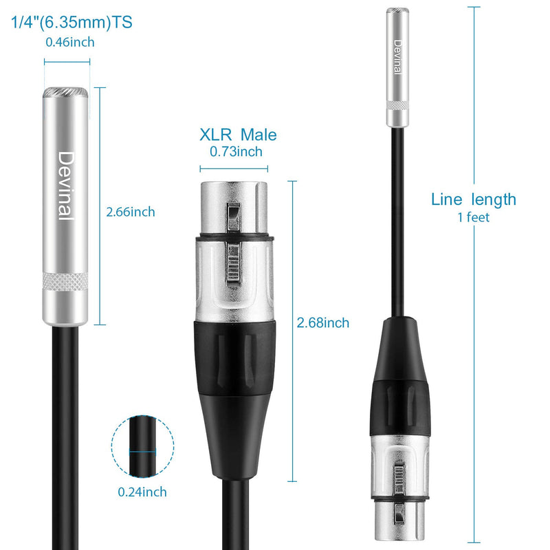 [AUSTRALIA] - Devinal XLR Female to 1/4" Female calbe, 3 Pin Female to 6.35mm Socket Audio Cord, XLR Jack to TS/TRS Quarter inch Adapter Connector Converter Metal Construction 1/4 to XLR Female Cable 1 FT 