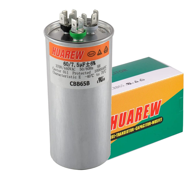 HUAREW 60+7.5 uF ±6% 60/7.5 MFD 370/440 VAC CBB65 Dual Run Start Round Capacitor for Condenser Straight Cool or Heat Pump Air Conditioner or AC Motor and Fan Starting