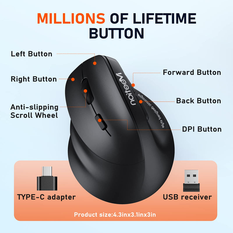 MEETION Left-Handed Mouse, Ergonomic Mouse Wireless Vertical Mouse, RGB Rechargeable Mice for Bluetooth(5.2 + 3.0) & USB-A with Type-c Adapter 4 Adjustable DPI for Mac/Windows/Andriod/PC/Tablet/iPad Black