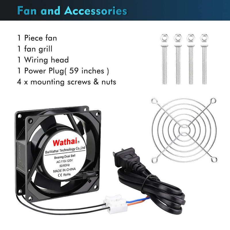 Wathai AC Power Axial Fan 110V 120V 92mm 90mm x 25mm Dual Ball Metal for DIY Ventilation Exhaust Projects Cooling 92x92x25mm