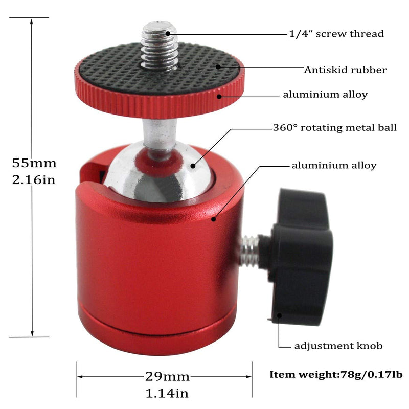 EXMAX 2 PCS Tripod Mini Ball Head with 1/4” Screw Thread Base - 2 Pack Red