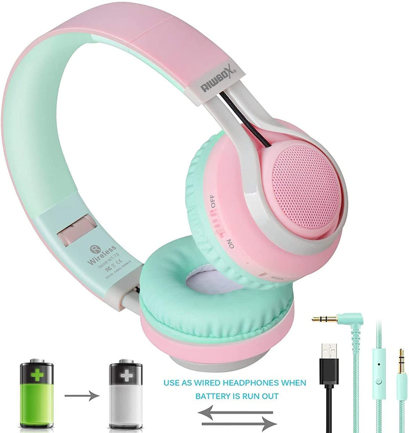 2 Packs Riwbox WT-7S Kids Headphones Wireless, Foldable Stereo Bluetooth Headset with Mic Compatible with PC/Laptop/Tablet/iPad Pink&Blue