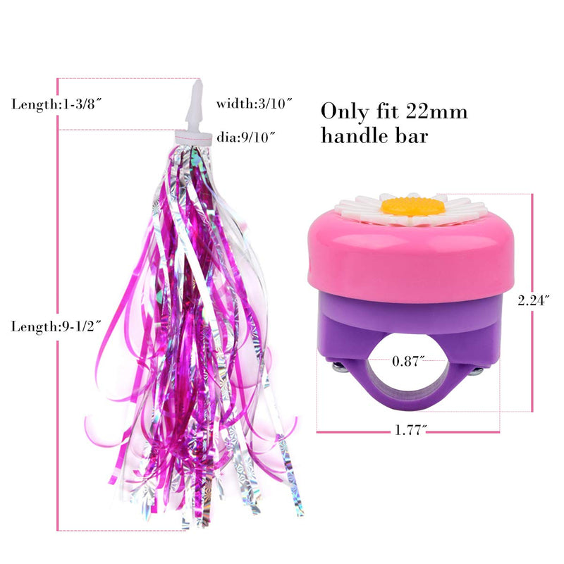 U-LIAN Kids Purple Streamers and Bike Bell for Girls-1 Pack Flower Bicycle Bell with 2 Pack Handlebar Streamers Scooter Tassels for Children's Bike Accessories A-Pink Bell+Shiny Pink Tassels