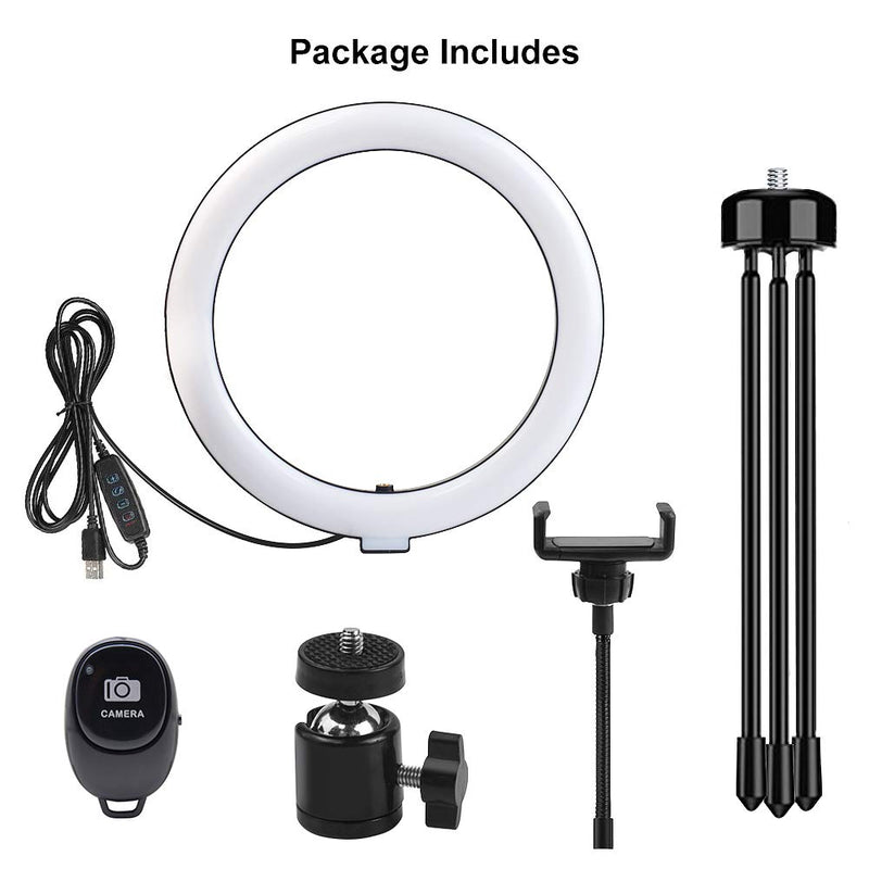 LED Ring Light 10" selfie with Tripod Stand & Phone Holder for Live Streaming & YouTube Video, Dimmable Desk Ring Light for Photography, Shooting with 3 Light Modes & 10 Brightness Level,Self-Portrait