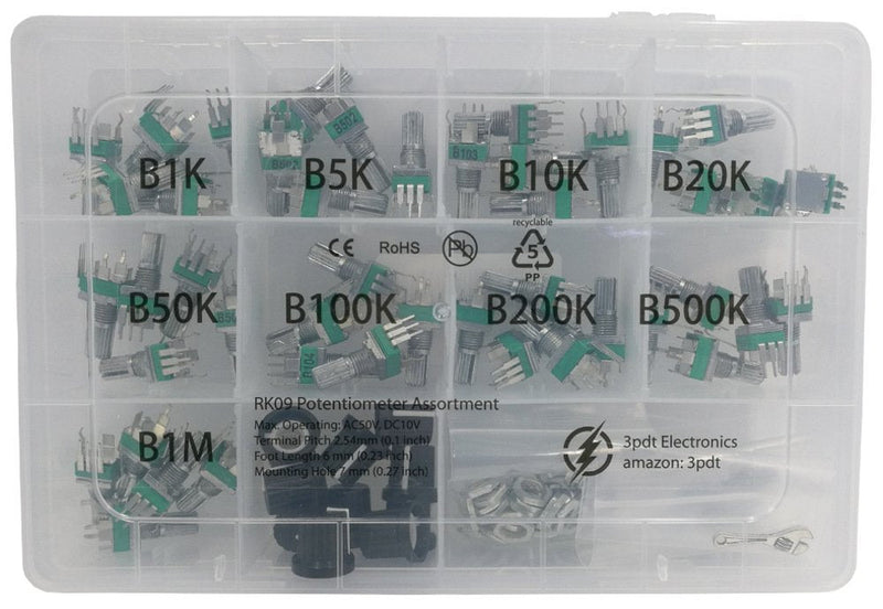 [AUSTRALIA] - 45 pcs Small onboard PCB Potentiometer Assortment 9 Values 1K 5K 10K 20K 50K 100K 200K 500K 1M, Vertical Legs Terminal, 15mm axis, B = Linear 