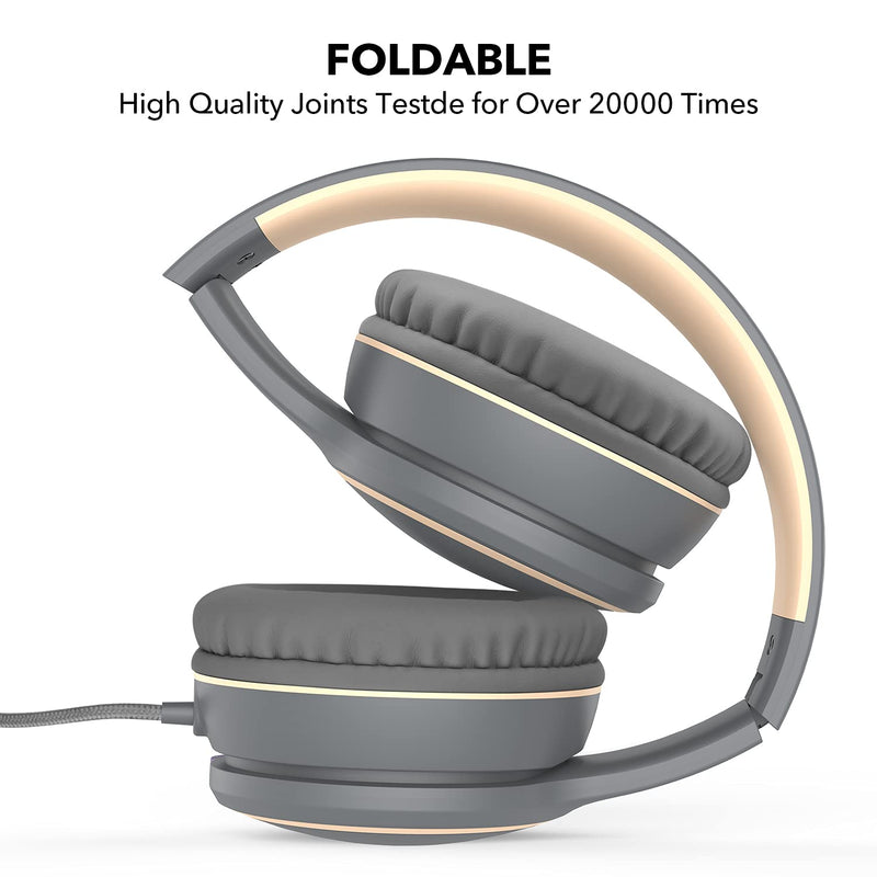 RORSOU R10 On-Ear Headphones with Microphone, Lightweight Folding Stereo Bass Headphones with 1.5M No-Tangle Cord, Portable Wired Headphones for Smartphone Tablet Computer MP3 / 4 (Grey) Grey