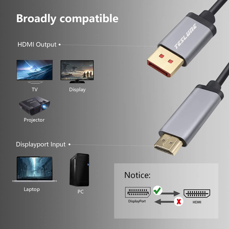 DisplayPort to HDMI Cable 10ft, TESLUNE 4K@60HZ DP 1.4 to HDMI 2.0 Cable, Gold-Plated Male to Male DP-HDMI Cable for Laptop, PC, HDTV, Monitor, Projector.