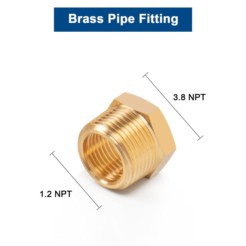 BathAce Brass Reducer Hex Bushing Threaded Pipe Fitting, Heavy Duty Threaded Pipe Fitting Adapter (1/2 Male NPT x 3/8 Female NPT, 5) 1/2 Male NPT x 3/8 Female NPT