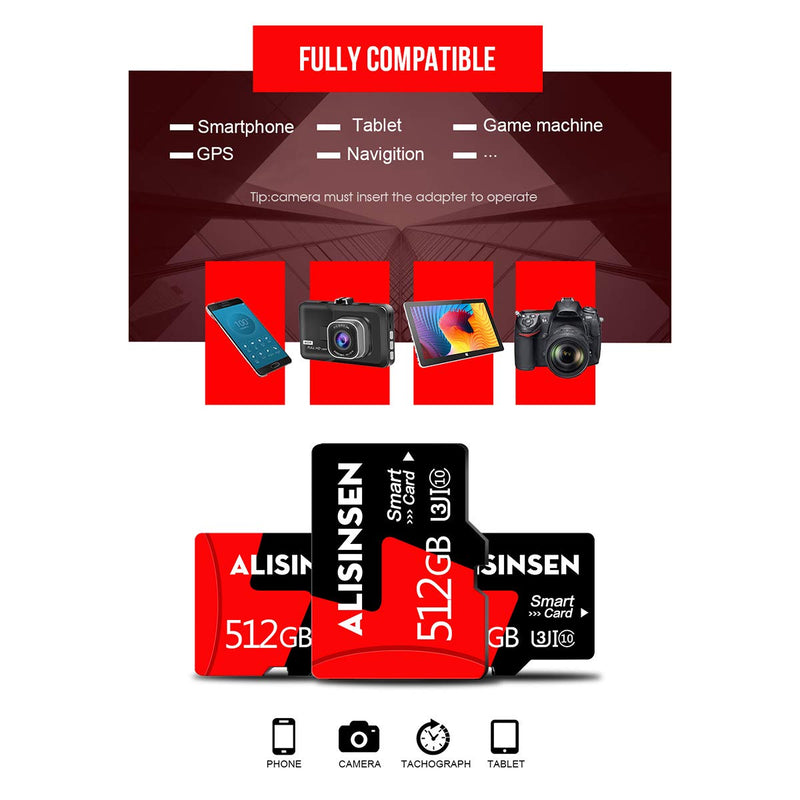 Micro SD Card 512GB Memory Card 512GB Class 10 TF Card with a Card Adapter for Smart-Phone/Bluetooth Speaker/Tablet/PC/Camera