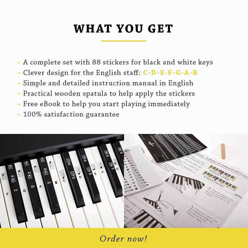 Piano + Keyboard Sheet Music Stickers for 49 | 61 | 76 | 88 Keys + Ebook | Piano Sticker Complete Set for Black + White Keys | C-D-E-F-G-A-B Black & White