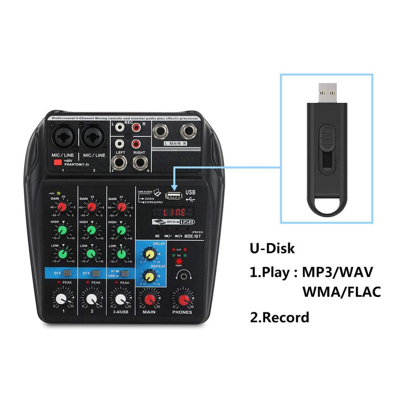 A4 4Channels Audio Mixer Sound Mixing Console with Bluetooth USB Record 48V Phantom Power Monitor Paths Plus Effects Use for home music production, Webcast, K song