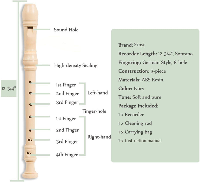 Skoye Soprano Recorder,Ivory White German Style 8 Hole with Cleaning Rod, Storage Bag