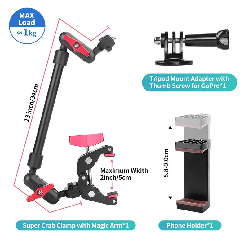 [AUSTRALIA] - JEBUTU Super Clamp with 1/4" and 3/8" Thread and Upgraded One Section 13 inches/34cm Adjustable Articulating Friction Magic Arm with 1/4" Thread Screw for LED Light, Flash Light, Microphone, Monitor One Section Magic Arm 
