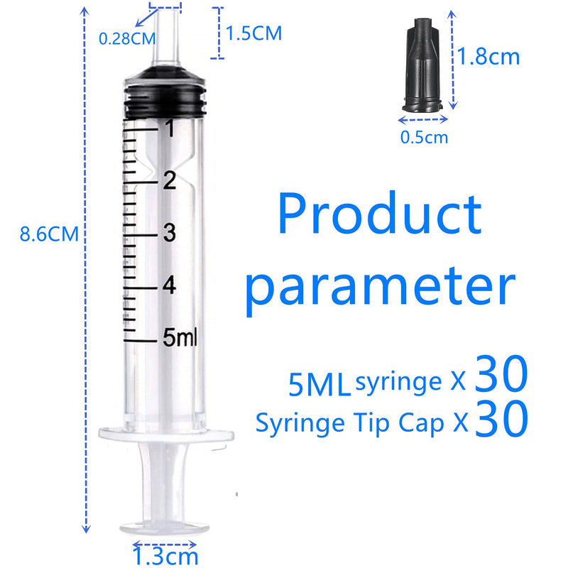 30 Pack 5ml Plastic Syringe with Cap, Luer Slip Syringes for Scientific Labs, Measuring, Refilling, Watering or Little Animal Feeding(No Needle)