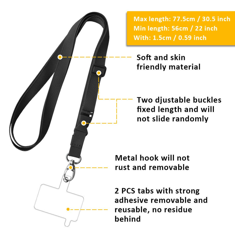 Phone Lanyard Adjustable Phone Strap with 2 PVC Patchs for Smartphone Black