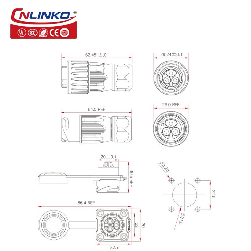 CNLINKO DH Series M20 Waterproof Connector 2/3/4/5/7/9/12 Pin Bayonet Connecting Type Metal Shell Soldering Cable Landscape Light Female Plug Male Socket IP67 Waterproof connectors 3pin