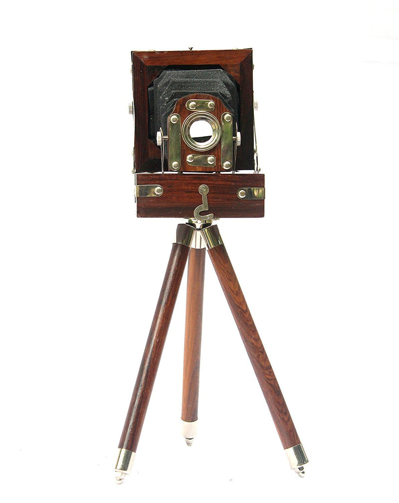 Vintage Antique Look Film Camera Deco on Wooden Tripod Collectible Studio Gift Item Nickle Color…