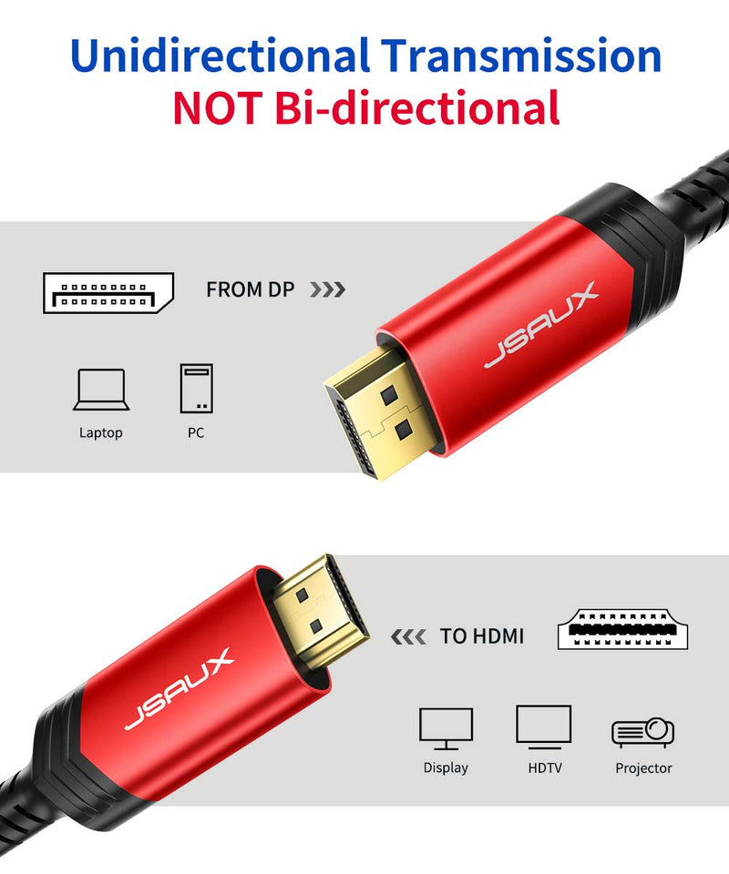 DisplayPort to HDMI Cable 6.6FT, JSAUX DP to HDMI Display to HDMI Video Cable Nylon Braided DP to HDTV Video Unidirectional Cord for Monitor, Projector, Desktop, AMD, NVIDIA, Lenovo, HP, ThinkPad-Red Red