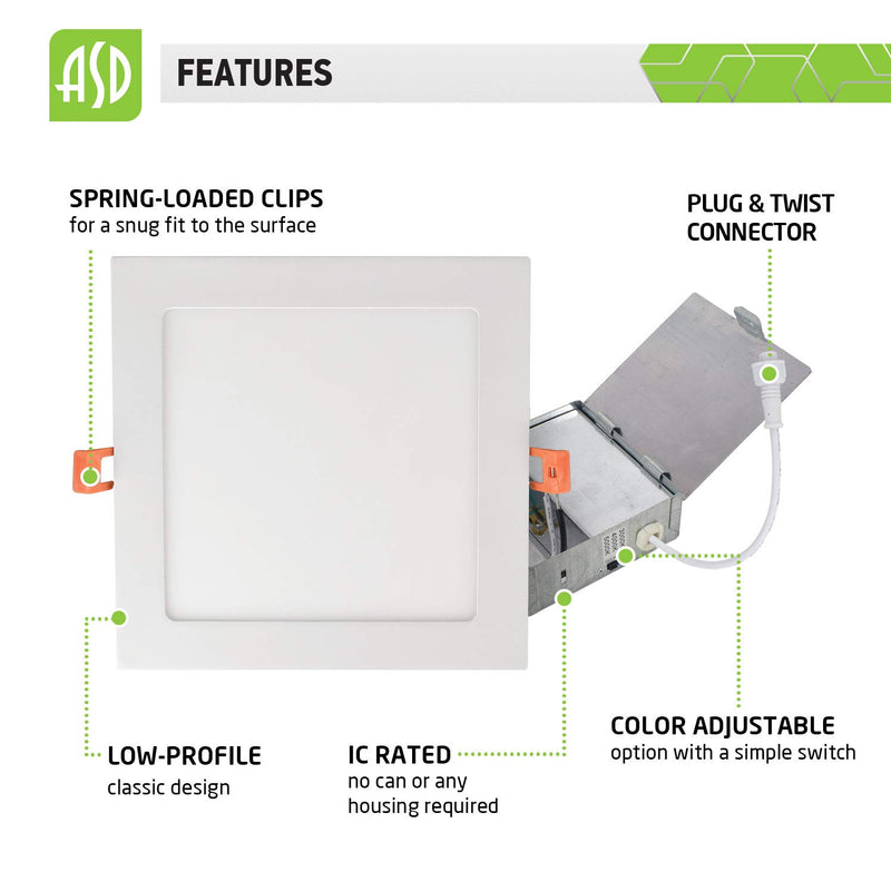 ASD 8 Inch Ultra-Thin LED Recessed Ceiling Light with J-Box, Dimmable Square Panel Downlight 18W 1350Lm, Color Temperature Selectable 3000K-4000K-5000K White Finish, IC Rated ETL Energy Star 1-Pack