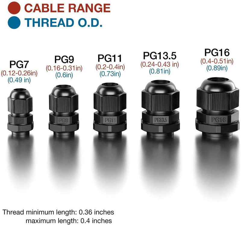 Cable Glands - 25 Pack Plastic Waterproof 3.5-13mm Nylon Cable Glands Joints Wire Protectors, PG 7/9/11/13.5/16, for Home/Garden/Outdoor Lighting Cable Black