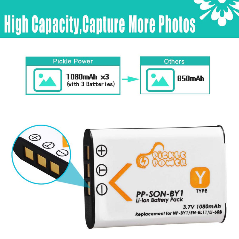 LI-60B, Pickle Power Battery Replacement for NP-BY1 Li-60B EN-EL11 D-LI78 DB-80 DB-L70 and Nikon Coolpix S550 S560 and Sony Action Cam Mini HDR-AZ1VR AZ1 AZ1V AZ1VR 3 battery