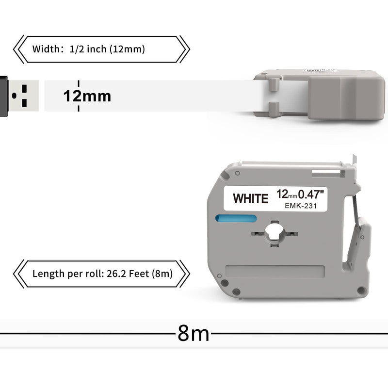6 Pack M-K231 Label Tape Compatible with Brother P Touch M Tape MK231 M231 M-231 M-K231S Label 12mm 0.47 White, Work with PT-M95 PT-70BM PT-90 PT-85 PT-70 PT-65 Label Maker, Black on White 6