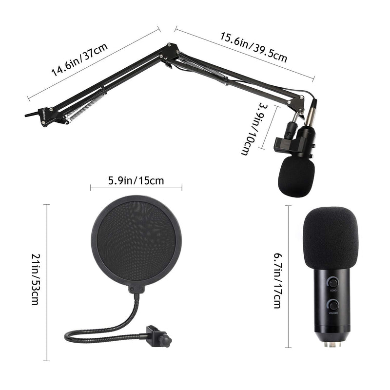 USB Condenser Microphone, Koolertron BM-900 Condenser Microphone Kit with Adjustable Microphone Suspension Scissor Arm, Shock Mount and Double-layer Pop Filter for Studio Recording and Broadcasting