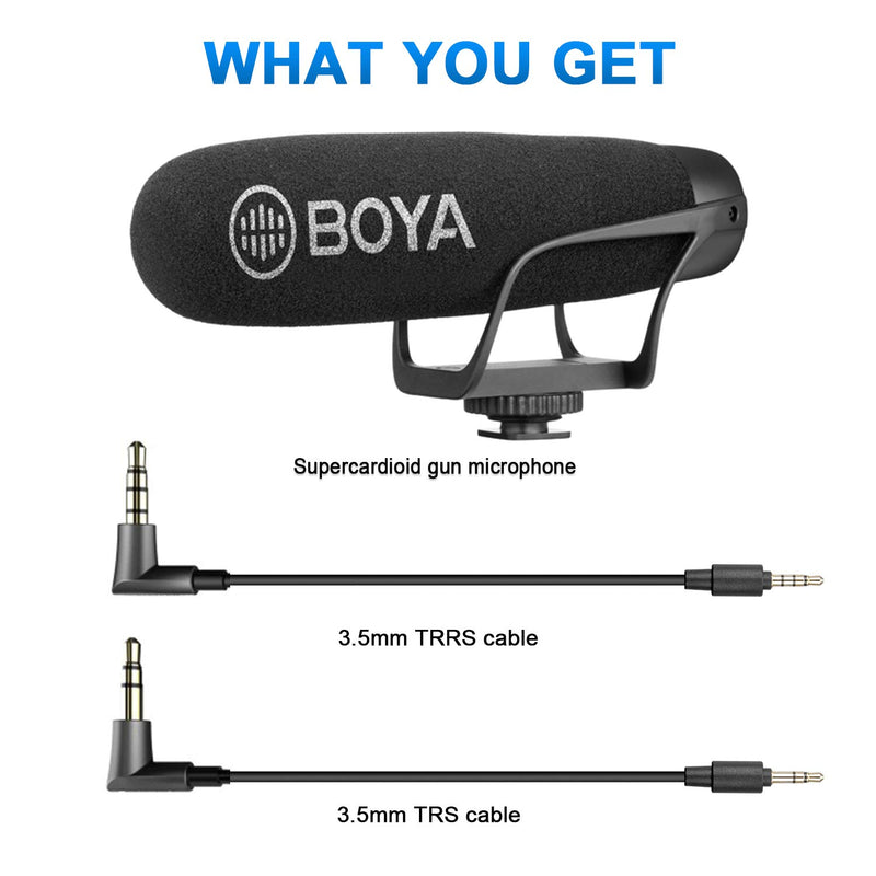 BOYA On Camera Shotgun Microphone Super-Cardioid Mic with TRS & TRRS Connectors Compatible with DSLR Camera Nikon Canon Camcorder iOS Android Smartphone Tablets PC Vlog YouTube Livestream