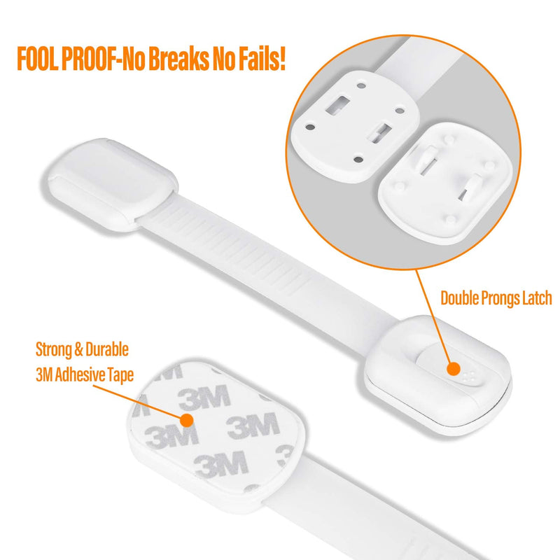 Child Safety Cabinet Locks - (10 Pack) Baby Proofing Latches to Drawer Door Fridge Oven Toilet Seat Kitchen Cupboard Appliance Trash Can with 3M Adhesive - Adjustable Strap No Drill No Tool White