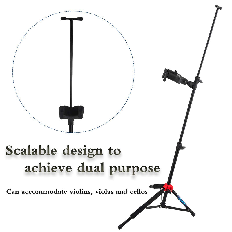 EASTROCK Violin Stand Black Tripod Viola Stand and Height Adjustable with Bows Hook Holder Automatic Locking Hook & Soft Pad Material(Violin Stand)