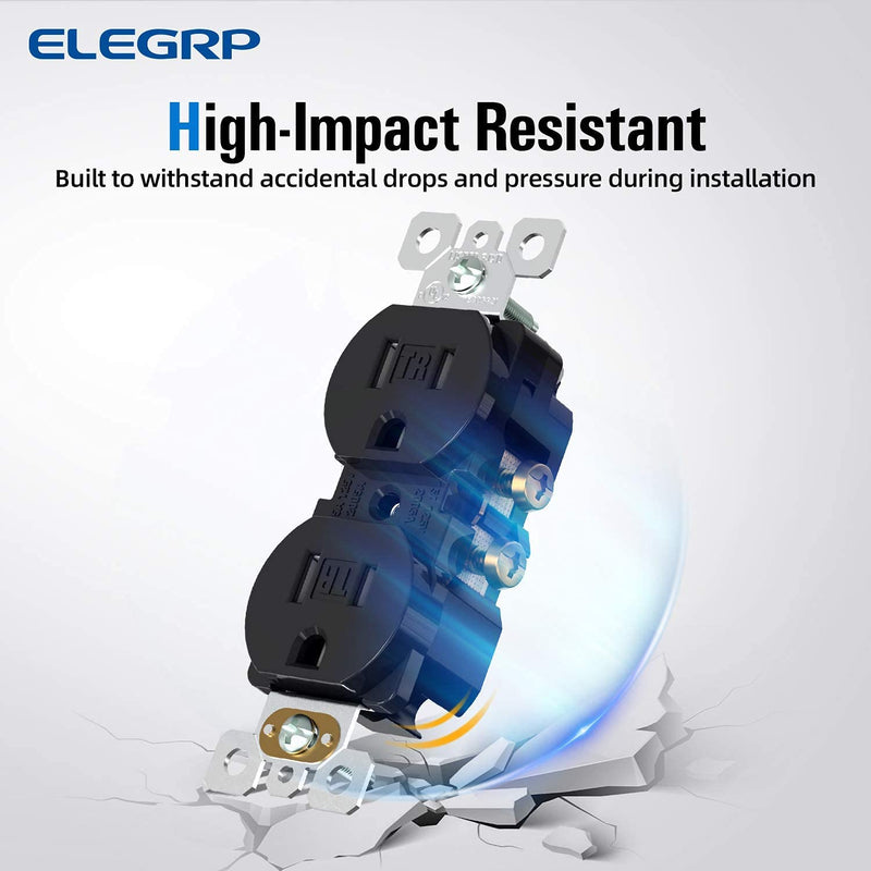 ELEGRP Tamper-Resistant Duplex Receptacle, 15A 125V Standard Electrical Duplex Wall Outlet, 2 Pole 3 Wire, 5-15R, Self-Grounding, Residential Grade Straight Blade, UL (Glossy Black, 10 Pack) TR Outlet