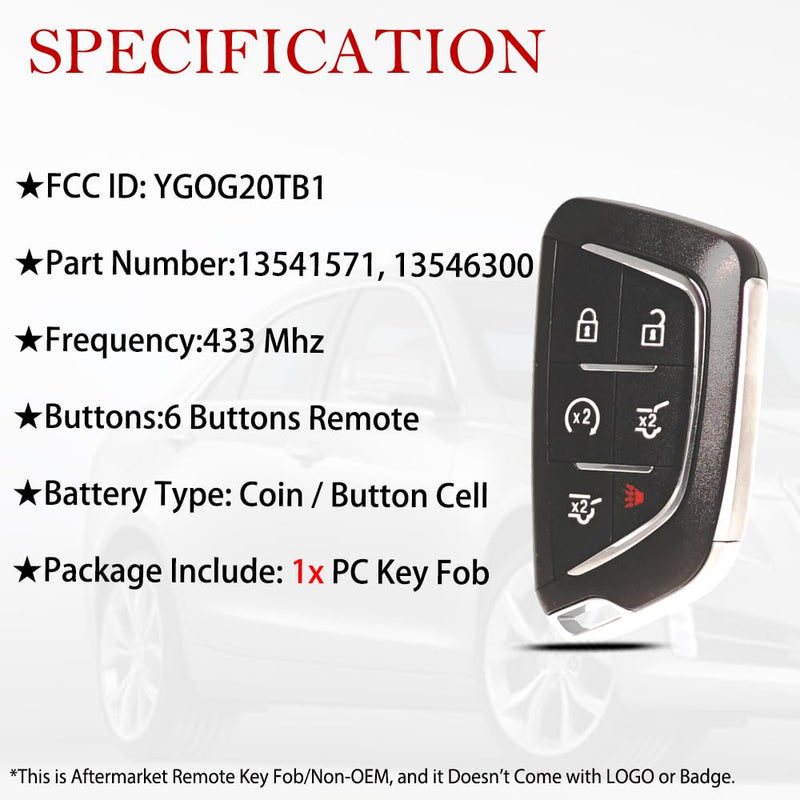 Smart Key Fob Remote Replacement Fits for Cadillac Escalade 2021 2022 YGOG20TB1 Keyless Entry Remote Start Control 6 Button 433MHz 13541571 13546300