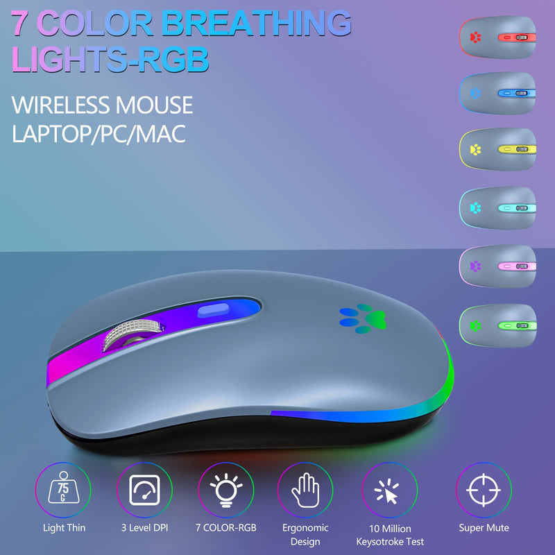 [AUSTRALIA] - FUWANG Wireless Mouse,Rechargeable LED Wireless Bluetooth Mouse,Portable USB Optical 2.4G Wireless Bluetooth Two Mode Computer Mice with USB & Type-c Receiver(Blue) blue 