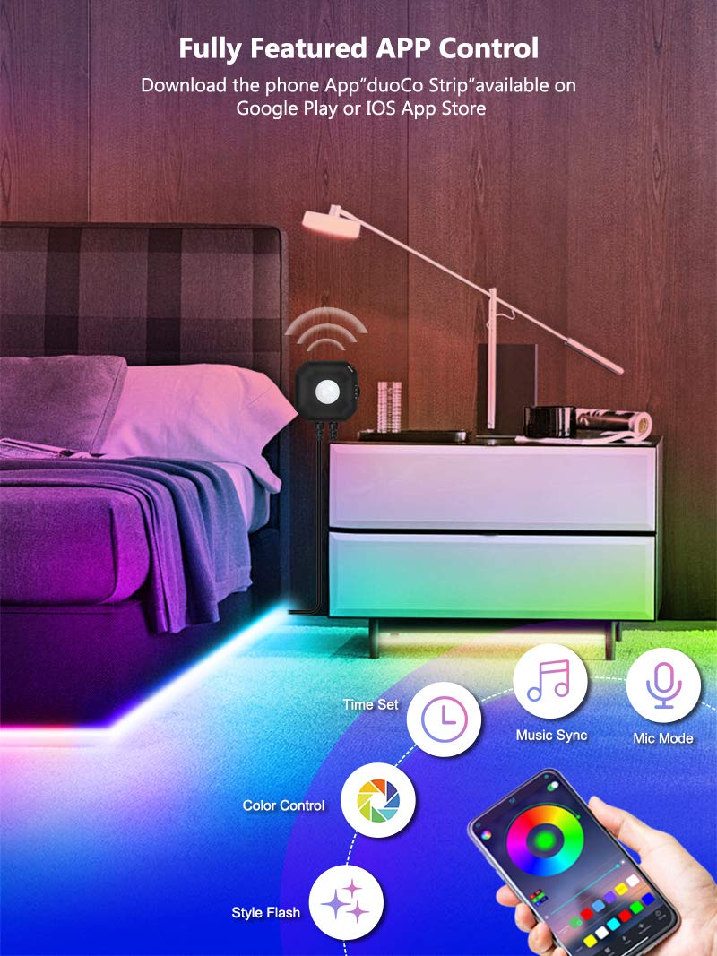 Under Bed Lights with Motion Sensor and App Control, Music Sync Color Changing RGB LED Strip Lights, 5V Automatic On/Off Motion Activated Bed Lights for Double Bed, 2pc 9.8ft Dimmable LED Strips