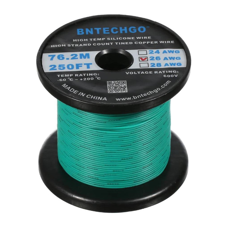 BNTECHGO 26 Gauge Silicone wire spool 250 ft Green Flexible 26 AWG Stranded Tinned Copper Wire silicone wire 250ft silicone wire green