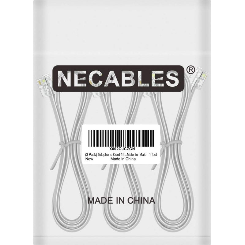 NECABLES (3 Pack) Phone Cord 1ft Telephone Cable RJ11 6P4C Male to Male for Landline and Fax - 1 Foot