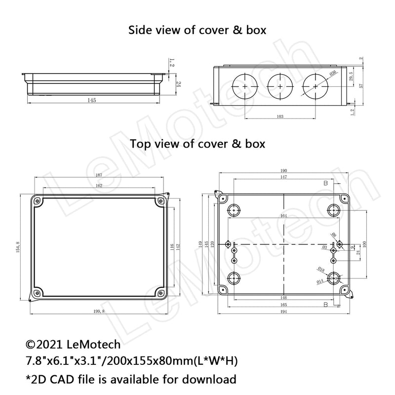 LeMotech ABS Plastic Dustproof Waterproof IP65 Junction Box Universal Electrical Project Enclosure White 7.9 x 6.1 x 3.1 inch (200 x 155 x 80 mm) 7.9" x 6.1" x 3.1"