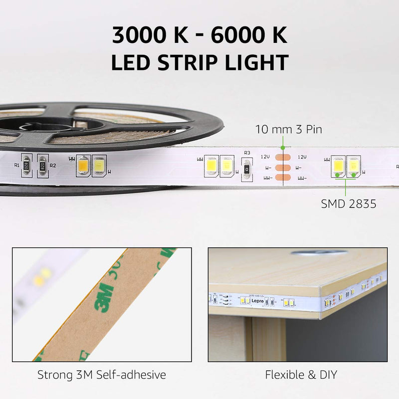 [AUSTRALIA] - Lepro LED Strip Light, 3000K-6000K Tunable White, Dimmable Bright LED Tape Lights, 300 LEDs 2835, Strong 3M Adhesive, Suitable for Home, Kitchen, Under Cabinet, Bedroom 16.4ft 