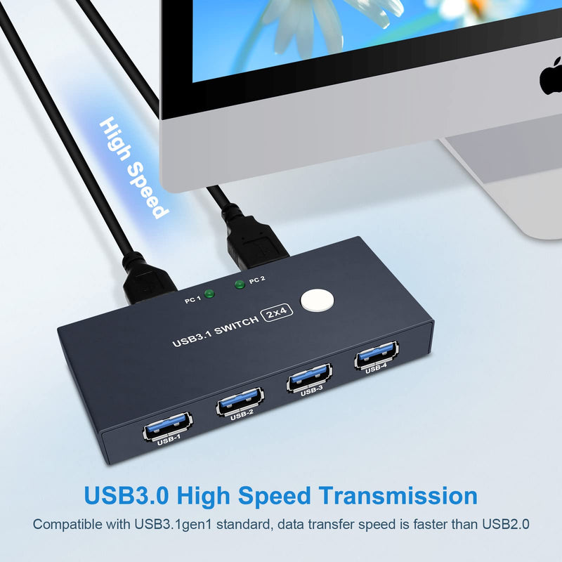 USB 3.0 Switch, USB Switcher 2 Computers Share 4 USB for PC Laptop Mouse Keyboard Printer Scanner, USB KVM Switch Selector Compatible with Windows, Mac, Linux USB 3.0