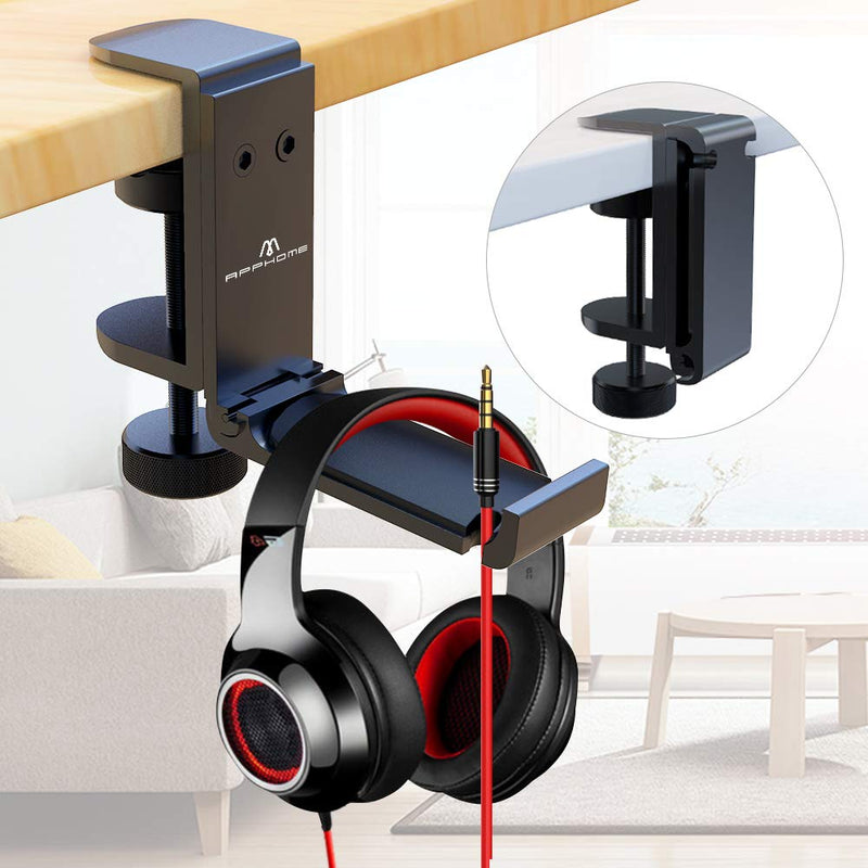 [Newest] APPHOME Headphone Stand Hanger with Cable Organizer Foldable Aluminum Headset Stand Headphone Holder Under Desk Space Save Desk Clamp Table Hook Universal Fit PC Gaming Headsets Black