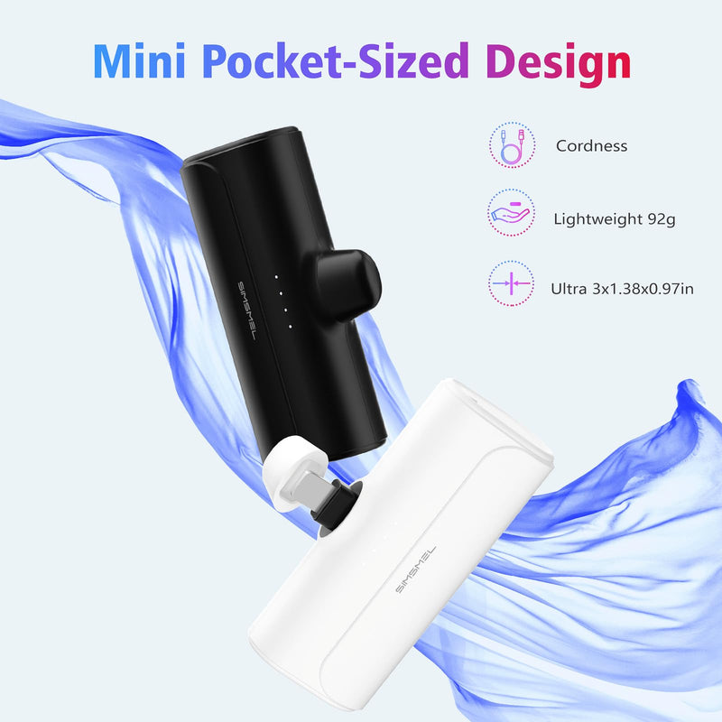 Simsmel Small Portable Charger for iPhone 5000mAh 2 Packs with Built in Cable, MFi Certified Compact Power Bank Cordless External Battery Pack for All iPhone Series 14/13/12/11/XR/X/SE/8/7/6 Pro Max