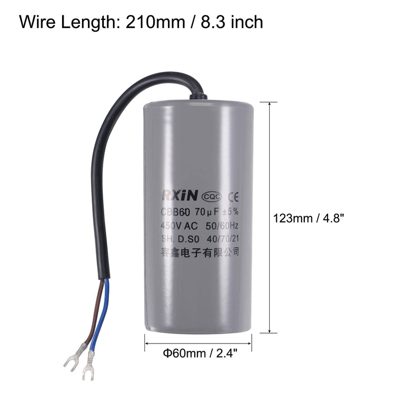 uxcell CBB60 Run Capacitor 70uF 450V AC 2 Wires 50/60Hz Cylinder 123x60mm with Terminal for Air Compressor Water Pump Motor