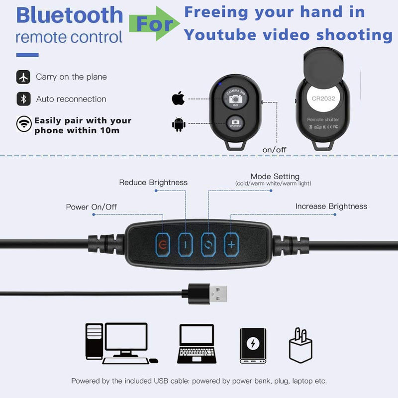 10inch LED Ring Light with Tripod Stand Phone Holder Bluetooth Receiver, Desk Makeup Selfie Ring Light Dimmable 3 Light Modes, 10 Brightness USB Standing Ring Light for Phone Make up Photography with small tripod