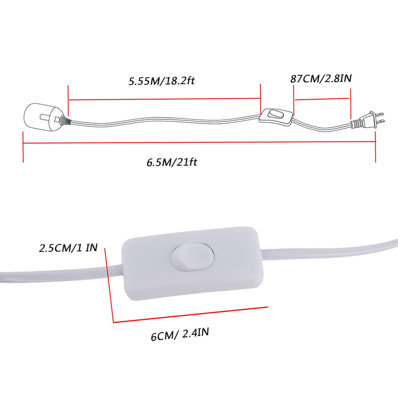 Rextin E26/E27 LED Light socket 21FT extension cord with On/Off switch and US AC Power Plug Bulb Socket for Pendant Lighting Bulb Lamp in Kitchen Bedroom Restaurant (21ft)