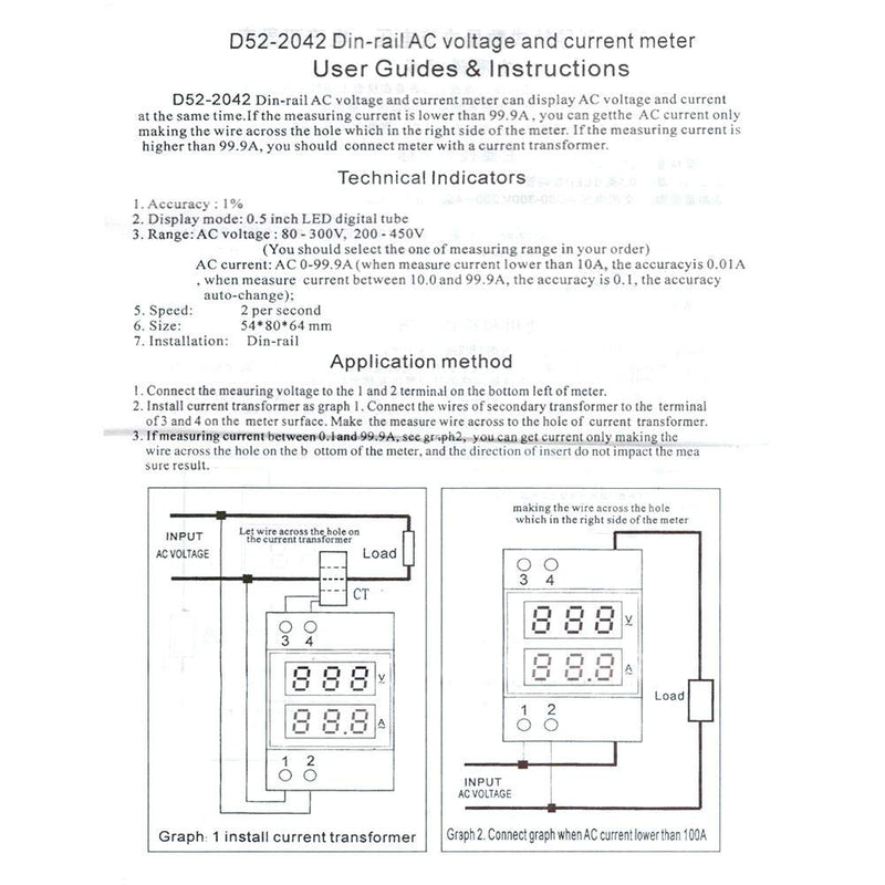 DIN Rail Voltage Ampere Meter, AC80-300V AC0-99.9A Multi-Functional Digital Din Rail Current Voltage Power Meter Ammeter Voltmeter, Din Rail Dual Led Display Digital AC Voltmeter Ammeter