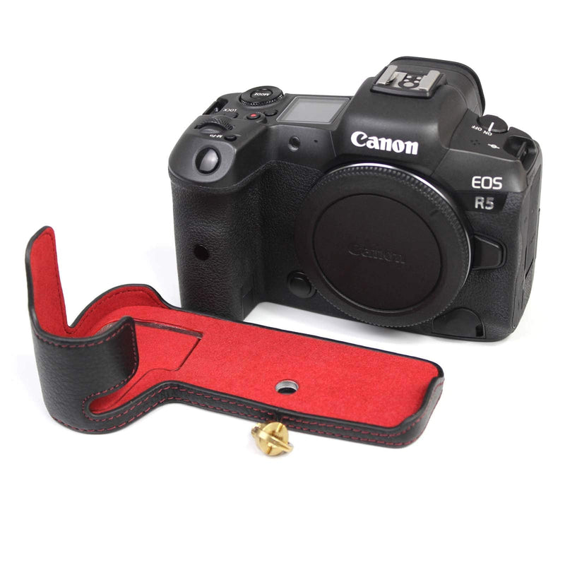 R5 R6 Metal Hand Grip Quick Release L Plate Bracket Holder, Classic Genuine Real Leather (Black) Camera Bottom Holder Grip for Canon R5 R6, 2Top+Screen Protector, 2Hot Shoe Cover, 1SD Card Adater