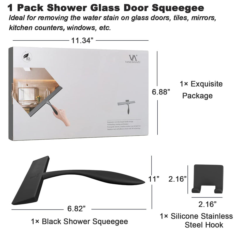 Shower Squeegee for Shower Glass Doors 11-Inch Bathroom Squeegee Shower Door Silicone Squeegees Wiper with Non-Slip Handle, Self-Adhesive Silicone Hook, for Mirror, Tiles, Counter (Black-1 Pack) Black-1 Pack