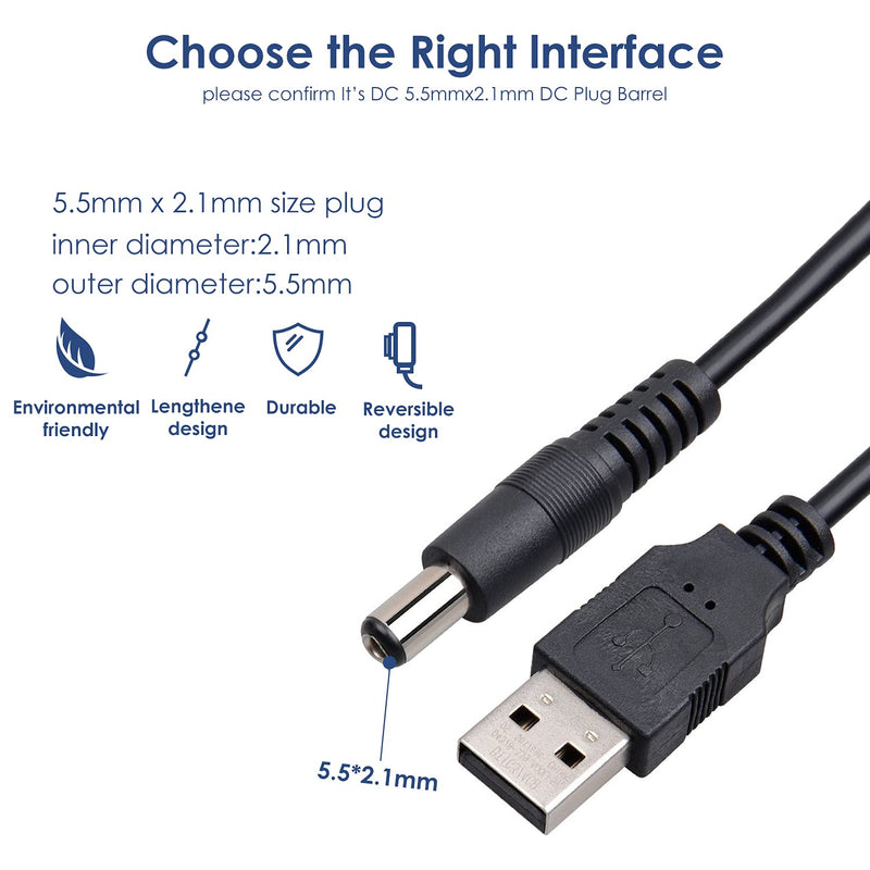 Onite 2pcs USB to DC 5.5x2.1mm Power Cable, 20AWG 3.3ft Barrel Jack Center Pin Positive Charger Cord for LED Strip