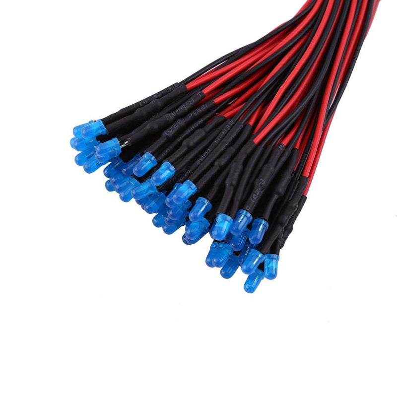 50Pcs 3/5/10mm Pre-Wired Diffused LED Diodes Multi Colors Light DC 9-12V(Blue Light-3mm) Blue Light 3mm