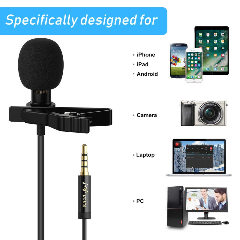 [AUSTRALIA] - PoP Voice 12.8 Feet Lavalier Lapel Microphone Professional Grade Omnidirectional Mic Condenser Small Mini Perfect for Recording Podcast PC Laptop Android iPhone YouTube Interview ASMR External 